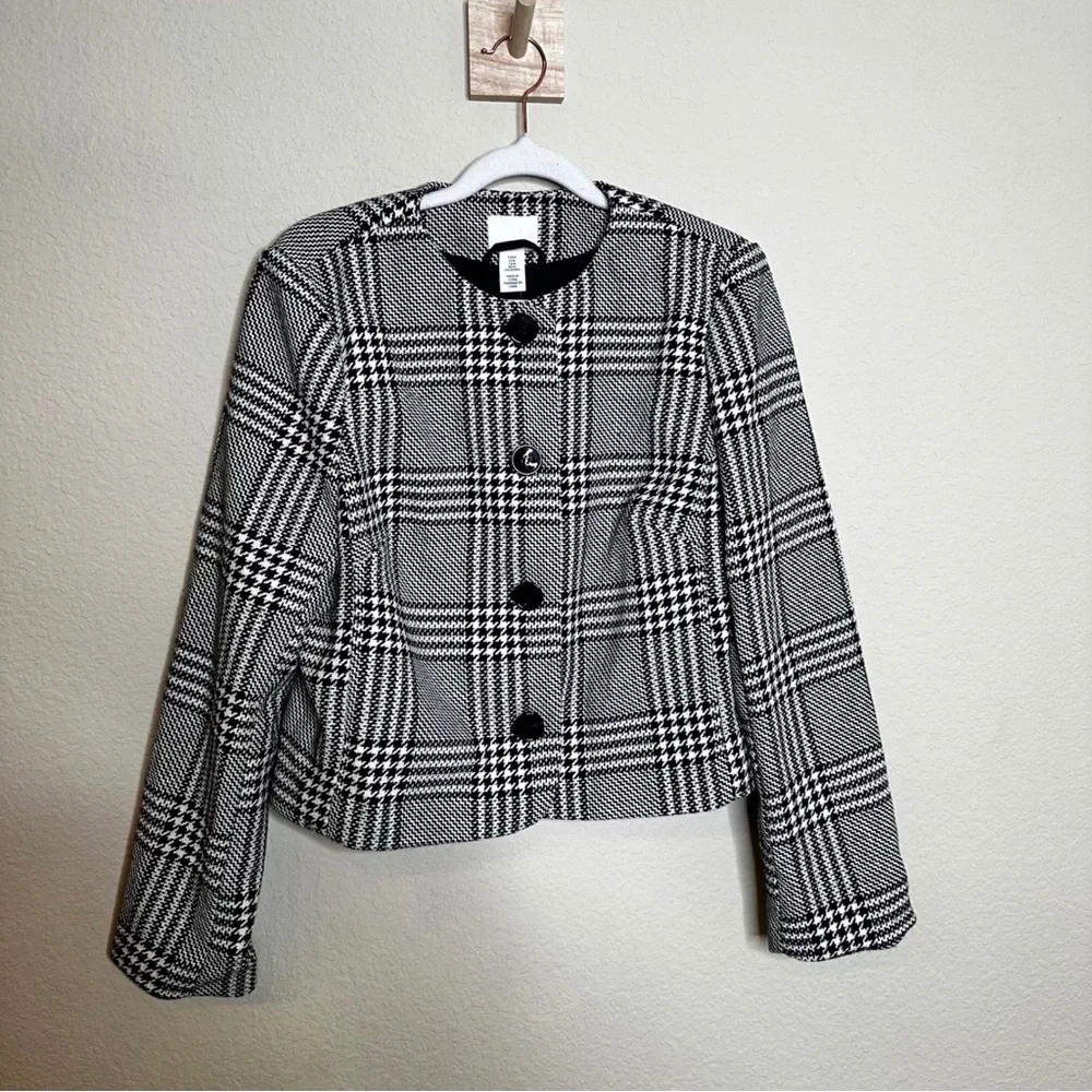 H&M Black & White Plaid Cropped Blazer Size M